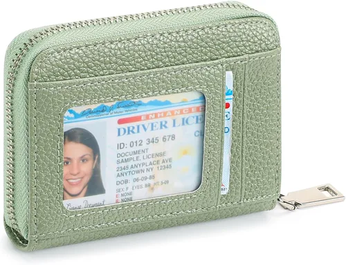 Vista 10 de FALAN MULE Cartera de Cuero para Tarjetas de Crédito con Bloqueo RFID Pequeña para Mujeres con Muñequera, Azul claro, Vintage