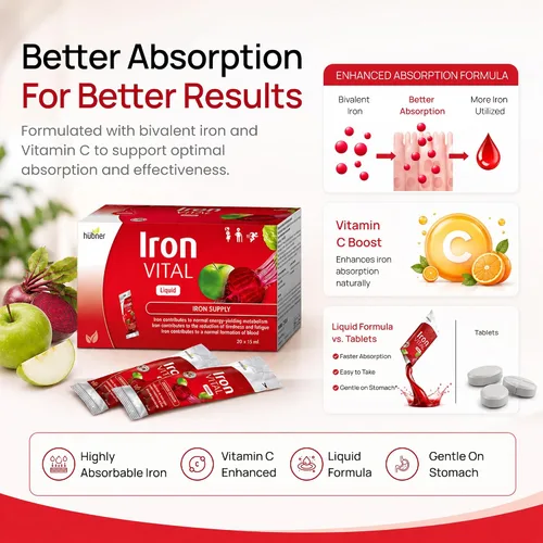 Vista 4 de hübner Iron Vital Suministro de hierro líquido más vitamina C, suplemento dietético para adultos y niños, vegano y sin gluten, sabor a fruta, caja