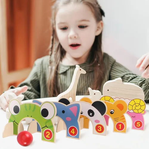 Vista 2 de TOYANDONA Juego de croquet para niños, juego de croquet de animales de madera de dibujos animados con mazos de madera de croquet, juego familiar