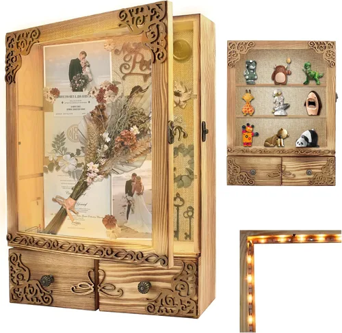 Vista 14 de Marco de caja de sombra de 11 x 16 con luz, vitrina conmemorativa con estantes, cajón y ranura para recuerdos, caja grande de sombra profunda