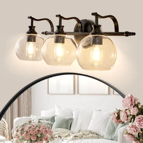 Vista 19 de ANDY STAR Lámparas de baño de níquel cepillado, luces de tocador de 1 luz, apliques modernos de pared de baño con pantalla de vidrio transparente