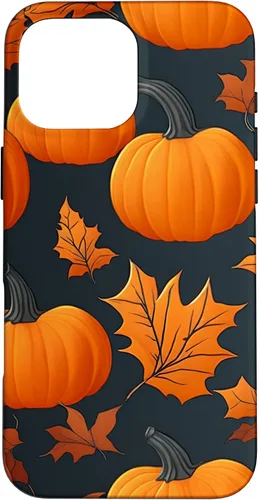 Vista 19 de iPhone 16 Pumpkins Black And Orange Plaid Fall Leaves Autumn Halloween Case