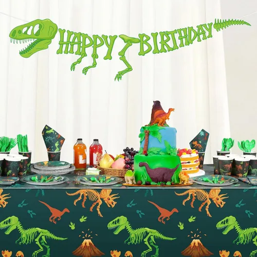 Vista 4 de Uiifan 171 piezas de decoraciones de cumpleaños de dinosaurios con platos de cumpleaños de dinosaurios, vasos de papel, manteles, servilletas