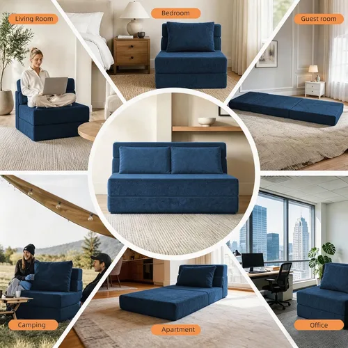 Vista 6 de Sofá cama plegable, silla convertible con almohada Chenille azul marino