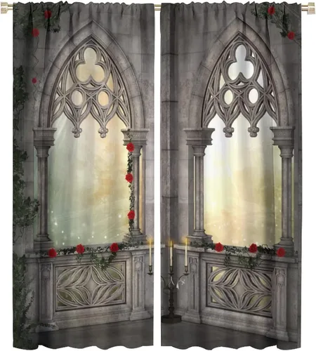 Vista 42 de Cortinas opacas góticas, diseño de calavera de terror de palacio retro, fondo de rosas rojas, sala de estar, dormitorio, cocina, cortinas de ventana
