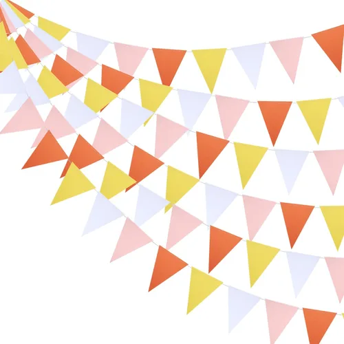 Vista 2 de Guzon Banderines de fiesta de 30 pies, color naranja, rosa y amarillo, banderines para colgar en triángulos para bodas, baby shower, decoración