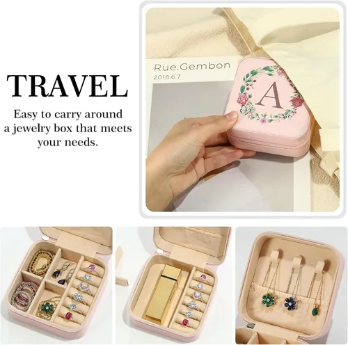 Vista 6 de Parima Joyero de viaje Organizador de joyas con iniciales pequeñas Joyero de viaje rosa para mujeres y niñas Organizador de aretes Idea