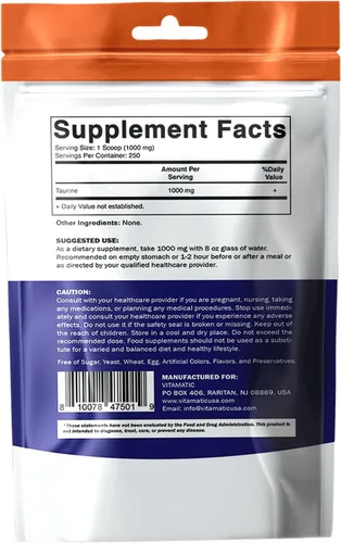 Vista 9 de Vitamatic Taurina pura 1000 mg 250 porciones - Sin OMG, sin gluten