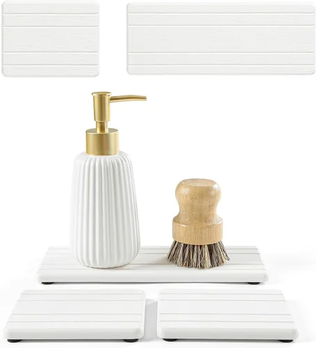 Vista 8 de Paquete de 2 bandejas de fregadero de piedra de diatomita, tapete de grifo absorbente de agua para encimera de cocina y baño, jabonera decorativa