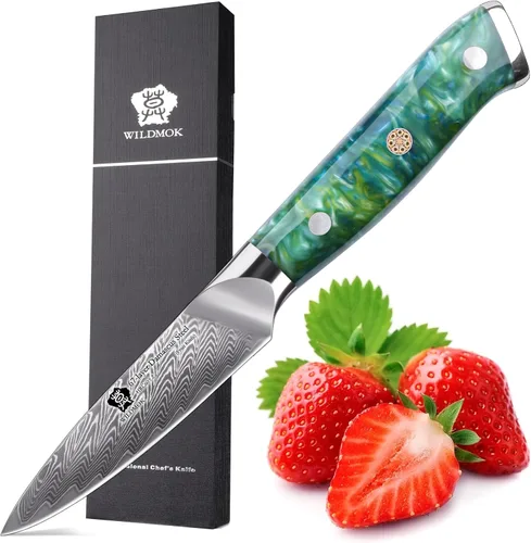 Vista 9 de WILDMOK Cuchillo de pelar de Damasco, 3.5 pulgadas japonés de 67 capas de acero de Damasco, cuchillo de pelar profesional, cuchillo de cocina