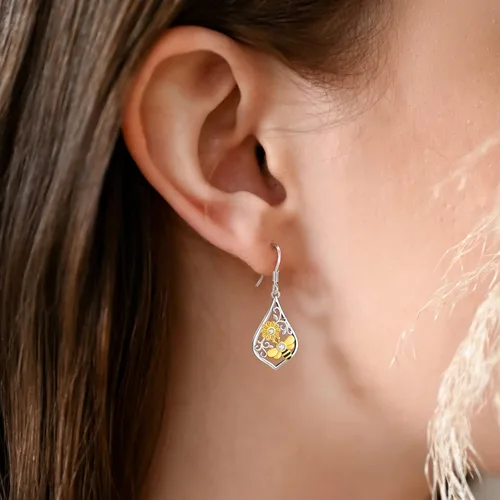 Vista 177 de Aretes colgantes de plata de ley con diseño de árbol de la vida, flor, abeja, animales, gato, colibrí, piedra lunar, turquesa, aretes con cierre