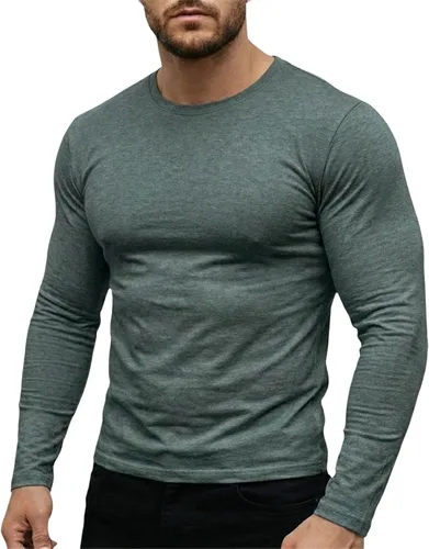 Vista 8 de Camiseta muscular para hombre, cuello redondo, manga larga, suave, elástica, básica, casual