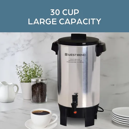 Vista 2 de Cafetera West Bend de aluminio altamente pulido con control automático de temperatura, preparación de una taza por minuto y fácil limpieza. Incluye