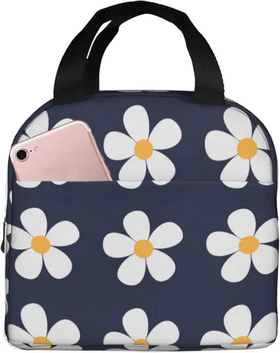 Vista 10 de Lonchera Kawaii con diseño de margaritas azules para mujeres y hombres, bonita lonchera aislada con bolsillo frontal para el trabajo, picnic y viajes