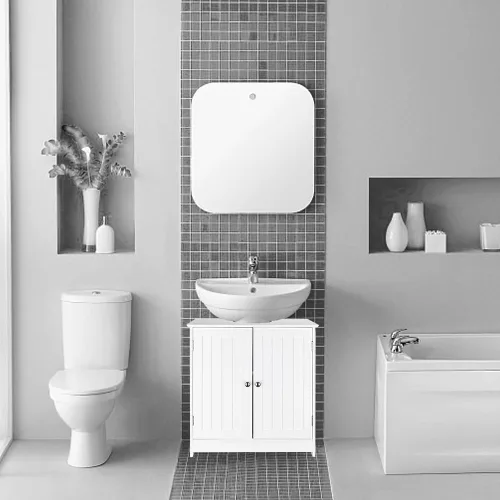 Vista 2 de Gabinete de Almacenamiento para Lavabo de Pedestal con 2 Puertas, Gabinete de Baño Bajo el Lavabo con 2 Puertas y Estante, Gabinete Bajo el Lavabo