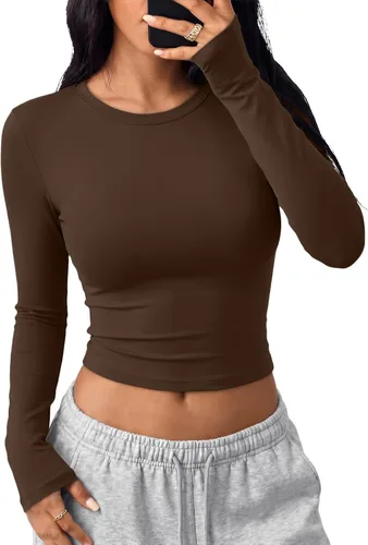 Vista 28 de Trendy Queen Camisetas cortas de manga larga para mujer, camisetas básicas Blanco
