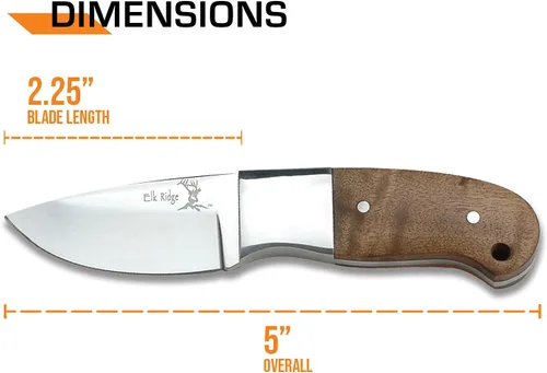 Vista 4 de Elk Ridge 111 Series Outdoors Fixed Blade Knife - 5-in Overall, 440 Stainless Steel Mirror Polished Blade, Burl Wood Handle, Leather Sheath