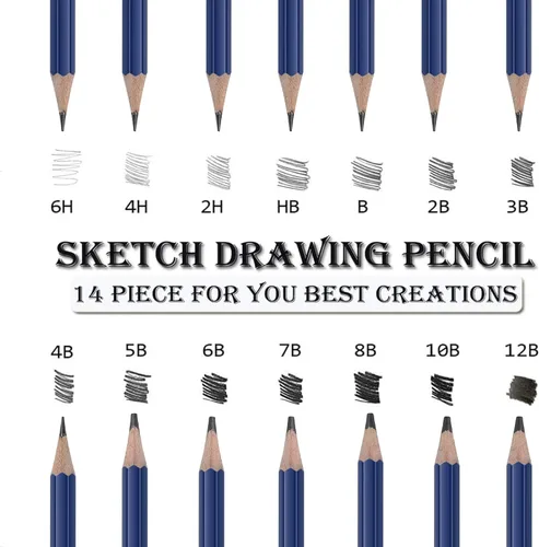Vista 2 de Pro Pencils Juego de Dibujo y Bocetos de 14 piezas de Grafito (12B - 6H) Kit de Lápices Suaves Regalo Ideal para Arte de Dibujo, Bocetos, Sombreado