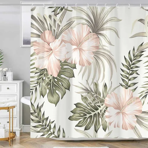 Vista 13 de Cortina de Ducha de Hojas Tropicales, Cortina de Baño Decorativa Verde y Negra con Hojas de Palmera y Plátano, Juegos de Cortinas de Ducha de Tela