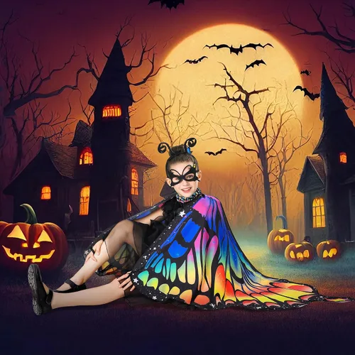 Vista 6 de Tibeha Halloween Butterfly Costume for Adult - Double-Sided Printing Wings Women Kids Girls Cape