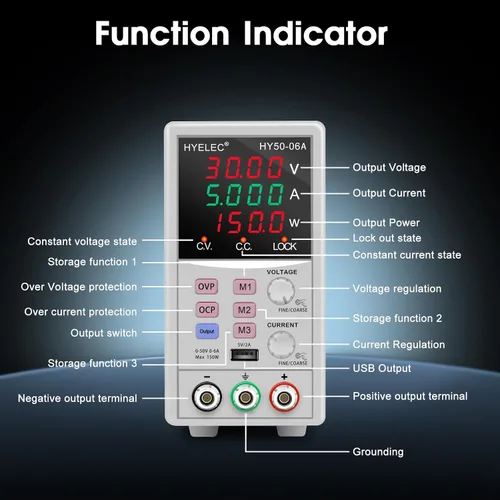 Vista 2 de Fuente de alimentación CC variable, fuente de alimentación de banco regulada de conmutación 0-50V 0-6A máx150W con memoria, pantalla LED de 4