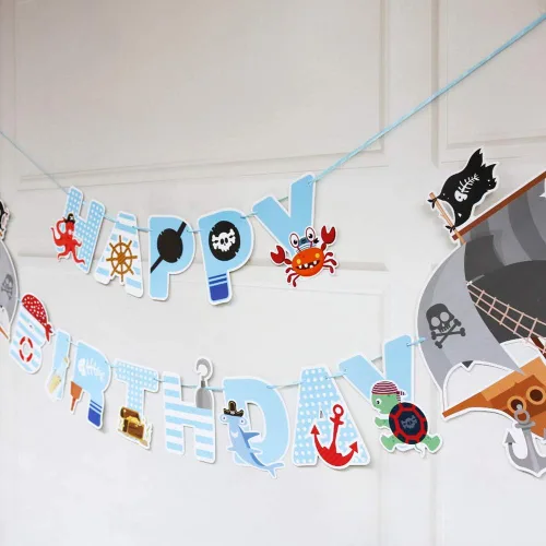 Vista 6 de Cartel de cumpleaños de pirata, decoraciones de fiesta para niños, suministros de fiesta temática pirata, pancarta de baby shower para niños 1, 2