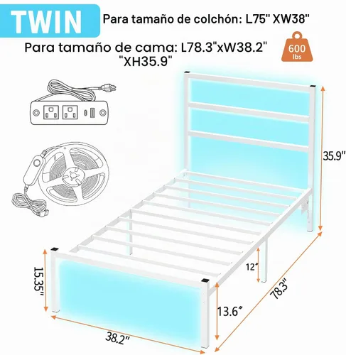 Vista 2 de CLIBFENG Base de cama individual con cabecero, soporte de listones de acero resistente, marco de cama LED con estación de carga USB, base de colchón