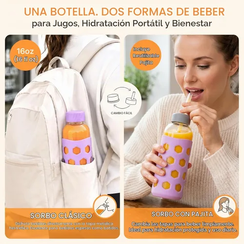Vista 6 de [Usado] Sursip 16 oz Glass Juice Bottles with Lids, 6 Pack Dark Gray / Pink / Apricot / Purple / Mint Green / Blue