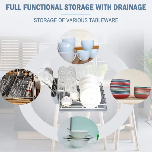 Vista 4 de Escurridor de platos con tabla de drenaje giratoria de 360° y boquilla de drenaje, escurridor de platos de aluminio inoxidable de 2 niveles