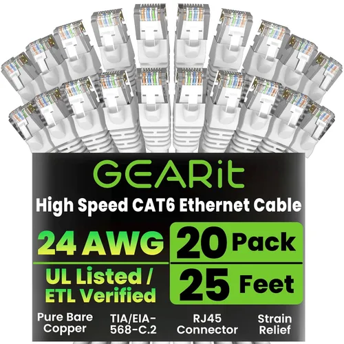 Vista 31 de GEARit Paquete de cables Ethernet Cat 6 - Paquete de 20 cables de conexión Ethernet Cat6 de 1 pie Cable de conexión de red RJ45, conectores sin