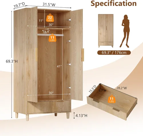 Vista 2 de VINGLI Armario Ropero Acanalado con Puertas y Cajones, Gabinete Armario con Barra para Colgar, Armario de Dormitorio de Madera de Roble, Armario