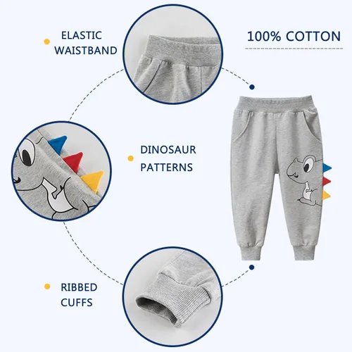 Vista 2 de GFQLONG Paquete de 2 pantalones deportivos de dinosaurio de algodón para niños pequeños, pantalones deportivos de dibujos animados para niños