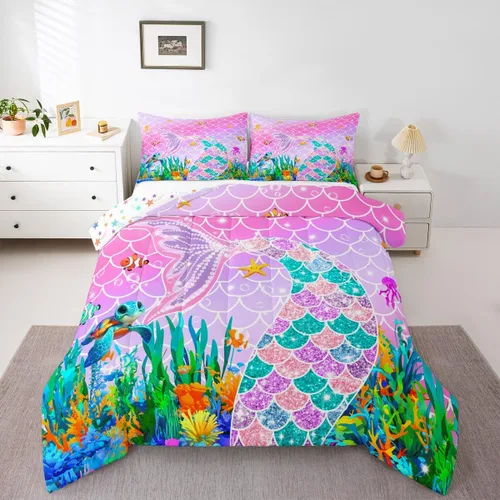 Vista 38 de Feelyou Juego de ropa de cama de sirena suave para niños y niñas, juego de edredón de escamas de peces oceánicos, tamaño individual, edredón