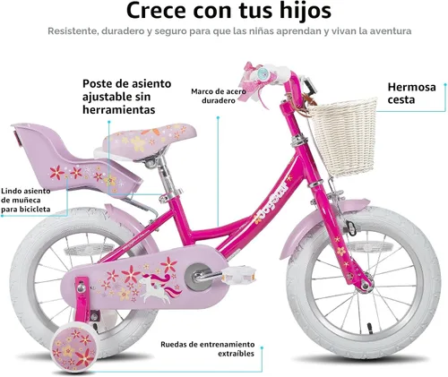 Vista 2 de JOYSTAR Unicorn Kids Bike for Girls Ages 2-9 Years Old, 12 14 16 18 Inch Kids Bike with Training Wheels, Doll Seat, Streamers and Basket, Toddler