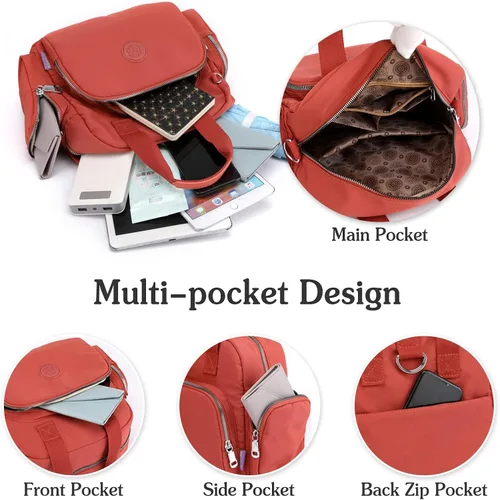 Vista 6 de PORRASSO Mochila para mujer, bolso de hombro multifuncional con puerto de carga USB, bolso cruzado de nailon para trabajo, viajes, citas, negro