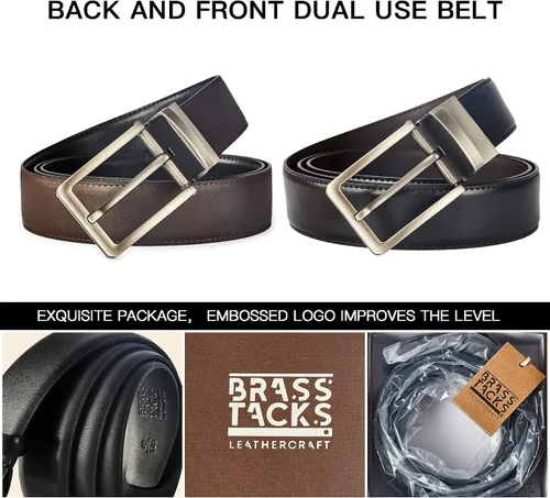 Vista 7 de BRASS TACKS LEATHERCRAFT Men's Vintage Business Handmade Reversible Genuine Leather Dress Belt Gift Box