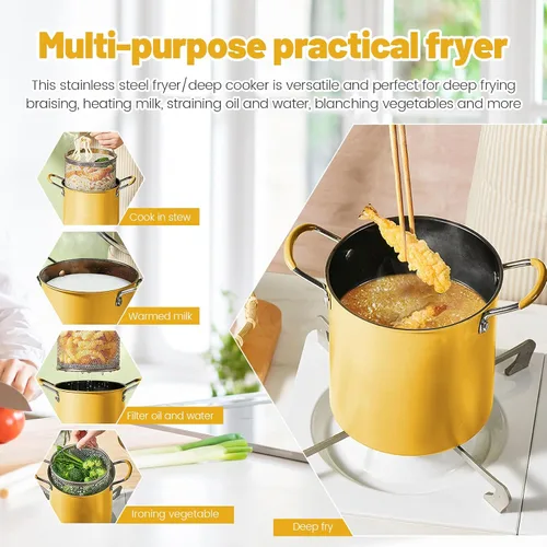 Vista 2 de UKQRRTC Olla para freír con cesta coladora, sartén de acero inoxidable, resistente al calor, mini freidora de aceite, recipiente de aceite