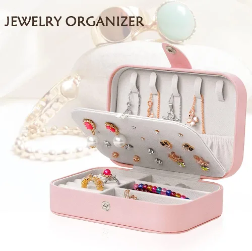 Vista 6 de XMJXBOX Joyero organizador de joyas de viaje de piel sintética para viajes caja de joyería pequeña de 2 capas para soporte de joyas para anillos