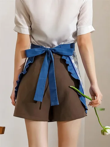 Vista 3 de Delantales de chef unisex blanco retro algodón criada corto 2 bolsillos cintura camarera mitad delantal Bordado azul
