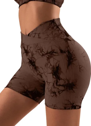Vista 2 de OVESPORT Pantalones cortos de entrenamiento de 3.6 pulgadas para mujer, sin costuras, levantamiento de glúteos, cintura cruzada, para yoga