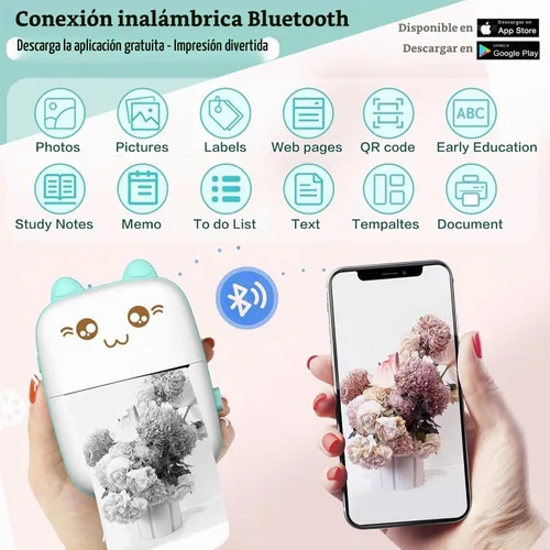 Vista 2 de Mini impresora portátil, impresora de pegatinas sin tinta con 8 rollos de papel, mini impresora térmica inalámbrica Bluetooth compatible con iOS +