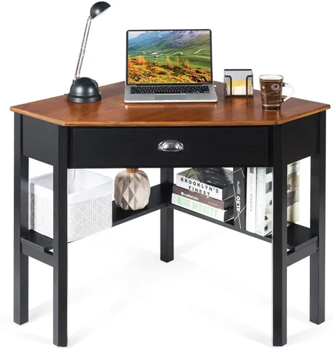 Vista 13 de Nightcore - Escritorio esquinero para espacio pequeño, escritorio de esquina de madera, mesa de escritura compacta con cajón y estantes