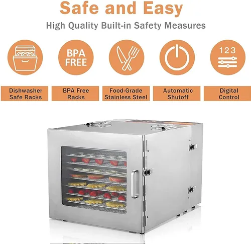 Vista 2 de Deshidratadores comerciales de 10 capas, secadora de frutas y verduras de acero inoxidable de 600 W, control de temperatura de 95.0-167.0 °F