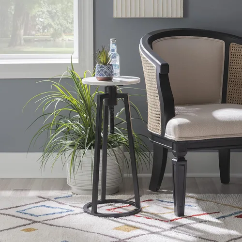 Vista 2 de Powell Muriel - Mesa de bebida con tapa de mármol blanco con estilo industrial, base de altura ajustable de metal negro