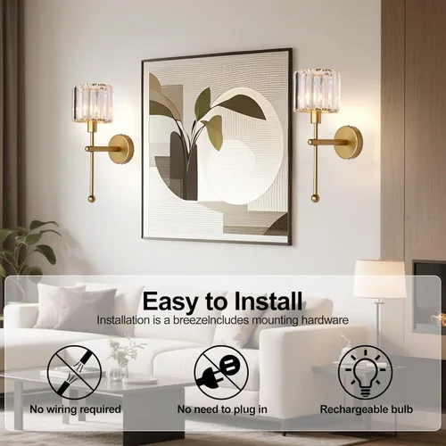 Vista 3 de Moderno juego de 2 apliques de pared de cristal de vidrio, funciona con pilas, luces de pared recargables doradas con control remoto, accesorio