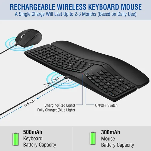 Vista 4 de MK960 Combo de Teclado y Ratón Inalámbrico Ergonómico, Teclado de Diseño Dividido Bluetooth/2.4G con Reposamuñecas y Ratón Inalámbrico Ajustable