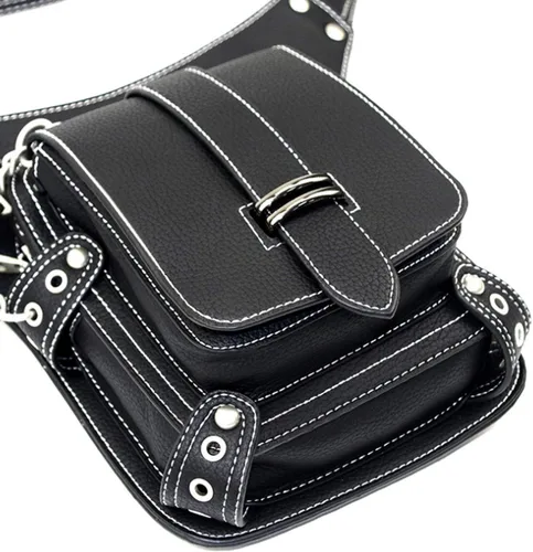 Vista 7 de Riñonera gótica, punk, táctica, para exteriores, bicicleta, motocicleta, ciclismo, senderismo, riñonera para cadera/muslo, bolsa de hombro negra