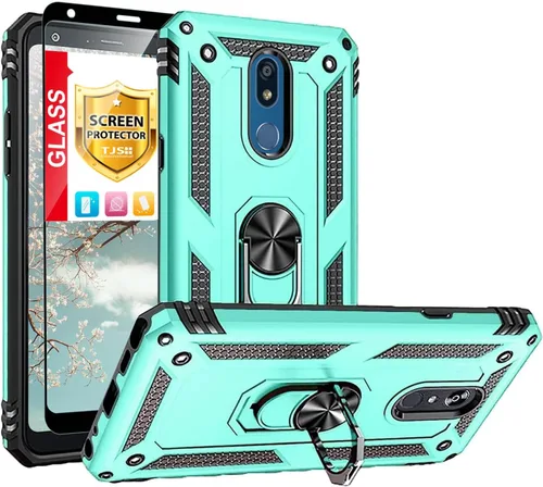 Vista 11 de TJS Funda para teléfono LG K40/K12 Plus/X4/Solo LTE/Harmony 3 (azul) con protector de pantalla de vidrio templado de cobertura completa, anillo