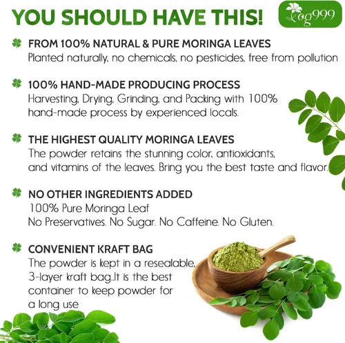 Vista 2 de TOG999, Polvo de hoja de moringa prémium de 16 onzas, 100% natural y puro de hojas de moringa, sin aditivos, sin gluten, sin azúcar, vegano