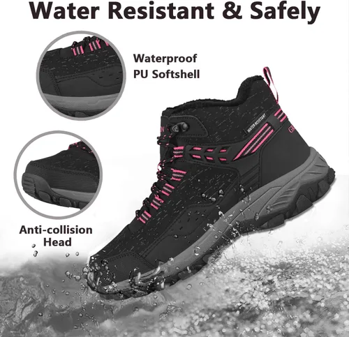 Vista 2 de GRITION Botas de senderismo para mujer, impermeables, de invierno, botines ligeros, para exteriores, altas, a la moda, con cordones, botas cálidas